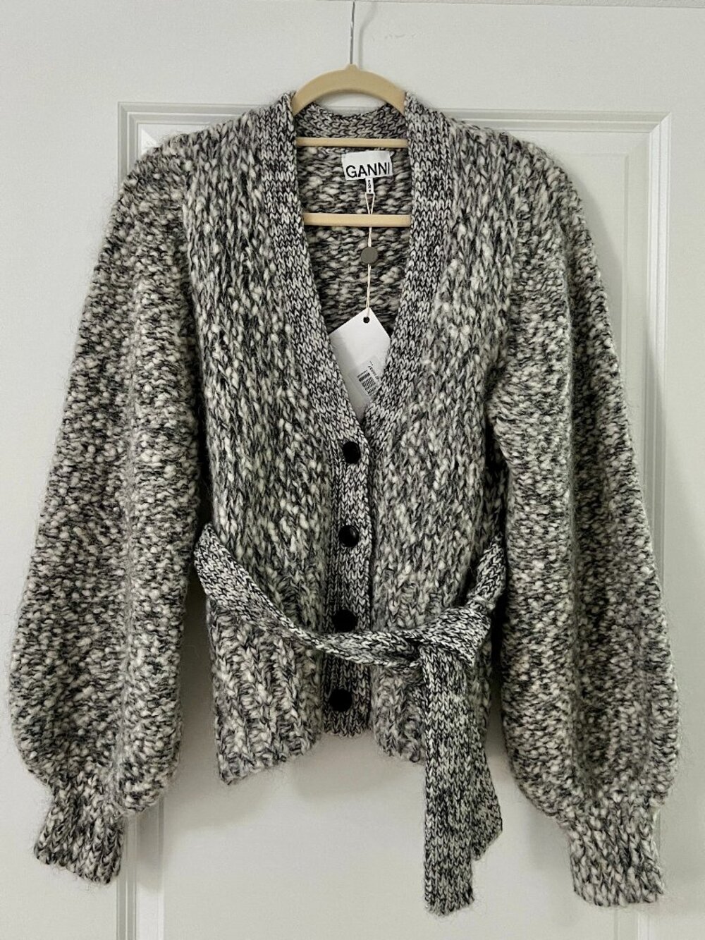 Ganni Gray Marled Alpaca Blend Wrap Belted Cardigan Sweater, NEW